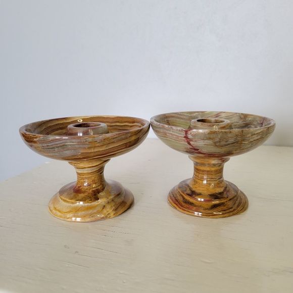 Swirled Onyx Marble Polished Stone Candlestick Holders Carved in Pakistan - Picture 11 of 11